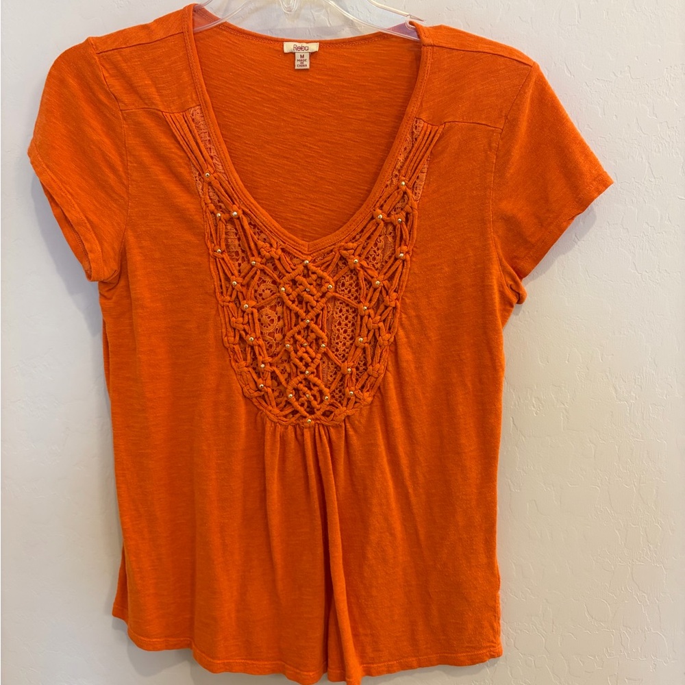 Reba Orange Short Sleeve V-Neck Top with Macramé Bead Detail